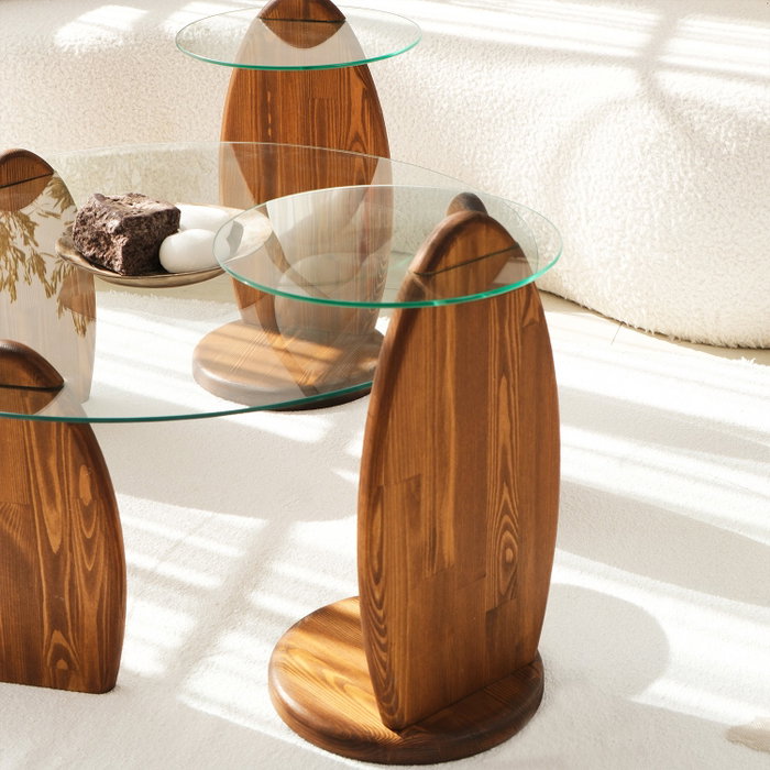 Hanah Home Mesa Auxiliar Castaño y Transparente de Cristal Templado y Madera Maciza 35x53x35 cm